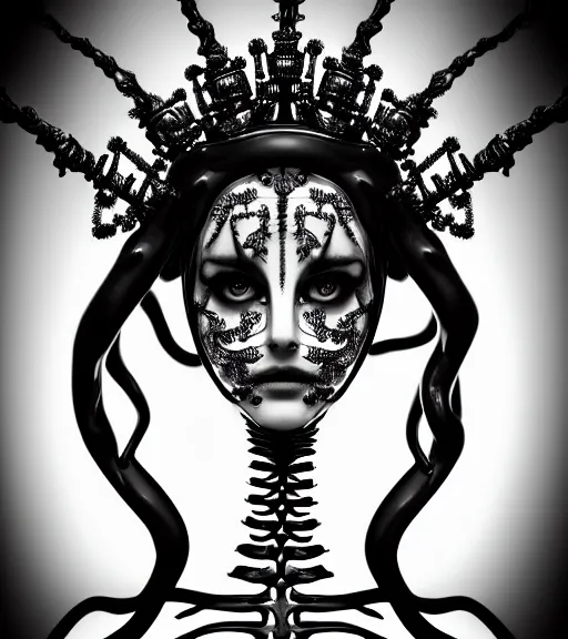 Image similar to a black and white high quality photo of a young beautiful female queen-vegetal-dragon-cyborg bust with a very long neck and Mandelbrot fractal face, Mandelbrot fractal skin, flesh, anatomical, facial muscles, veins, arteries, elegant, highly detailed, flesh highly baroque ornate, hair are wired cables, elegant, high fashion, rim light, octane render, in the style of Cindy Sherman, Realistic, Refined, Digital Art, Highly Detailed, Cinematic Lighting, rim light, black and white, photo-realistic, 8K