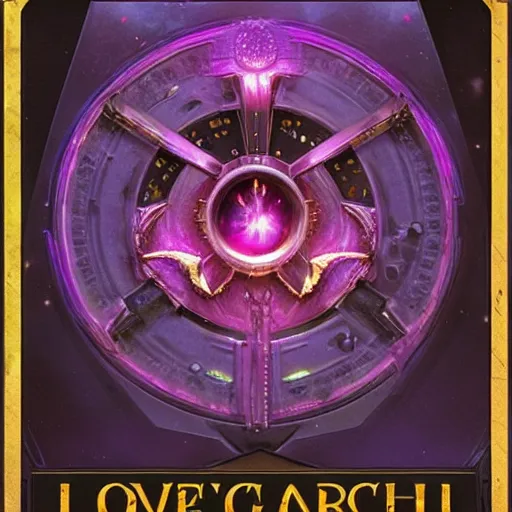 Image similar to Boardgame card back, galaxy, sci-fi, horror, cyberpunk, ornamental edges, sharp, intricate, symmetrical, Lovecraftian, purple, gold, black and blue, tzeentch, by greg rutkowski and alphonse mucha, 8k, trending on artstation, Cenfered-H 768