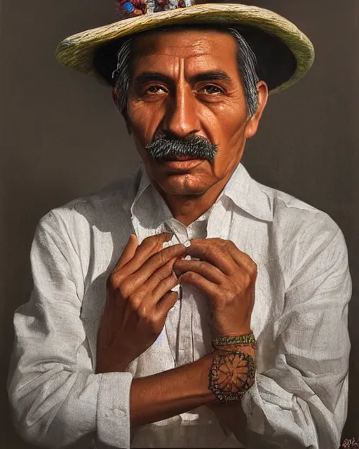 Prompt: portrait of a magical mexican man, art by denys tsiperko and bogdan rezunenko, hyperrealism