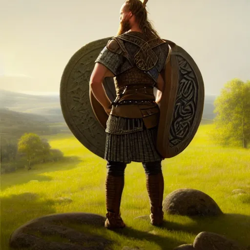 Prompt: a portrait of a viking warrior standing next by a large runestone with intricate runes on a grassy landscape, illustration, soft lighting, soft details, painting oil on canvas by Edmund Blair Leighton, Greg Rutkowski, trending on artstation, d&d characters, 4k, 8k, HD