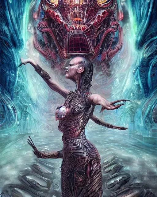 Image similar to neo china arrives from the future, by antonio j. manzanedo, giger, alex grey, android jones, wayne barlowe, philippe druillet, raymond swanland, cyril rolando, josephine wall, harumi hironaka, trending on artstation