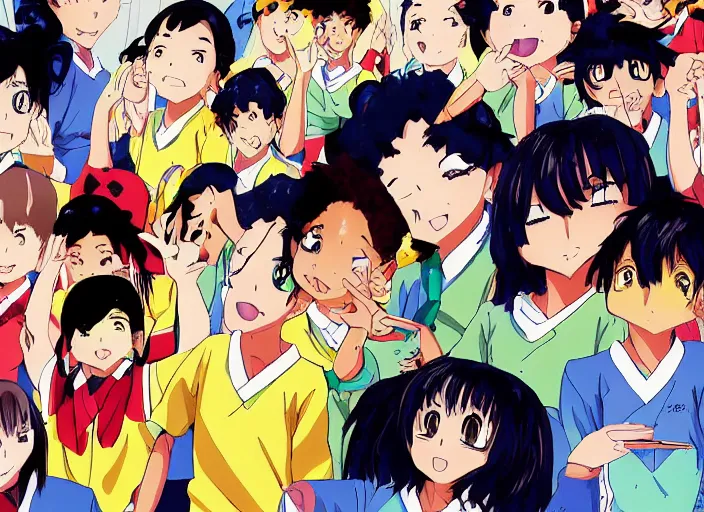 Prompt: anime about a mixed race cast of schoolchildren. japanese, african, european, chinese, indian. anime screencap, screenshot, detailed illustration, vibrant colors, charming style.