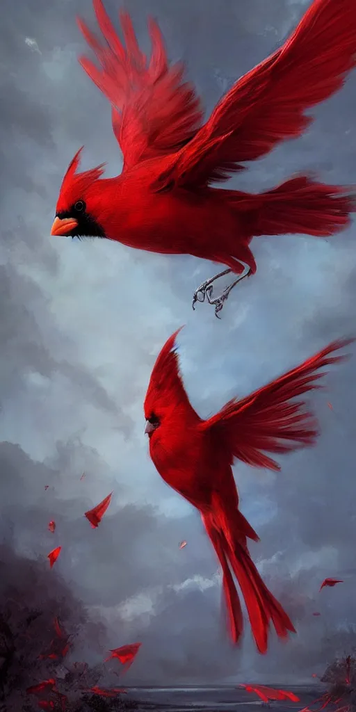 Image similar to a painting of a red cardinal flying through the sky, poster art by raymond swanland, deviantart, fantasy art, christian, deviantart, mystical