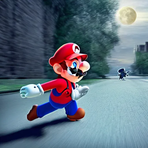 Prompt: Mario running away from his child, highly detailed, lifelike, photorealistic, sharp focus, intricate details, A24!film cinematography, unreal engine, cinematic, hyper realism, high detail, stars in sky, stars, moon,