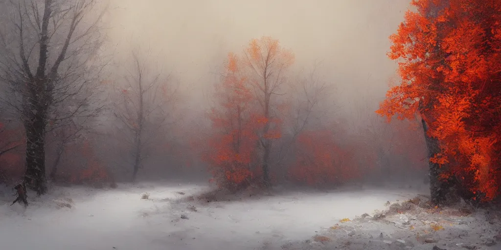 Image similar to A beautiful oil painting of a valley covered in snow, trees with red and orange leaves, yellow lighting, gloomy, atmospheric lighting, detailed, by greg rutkowski, trending on artstation