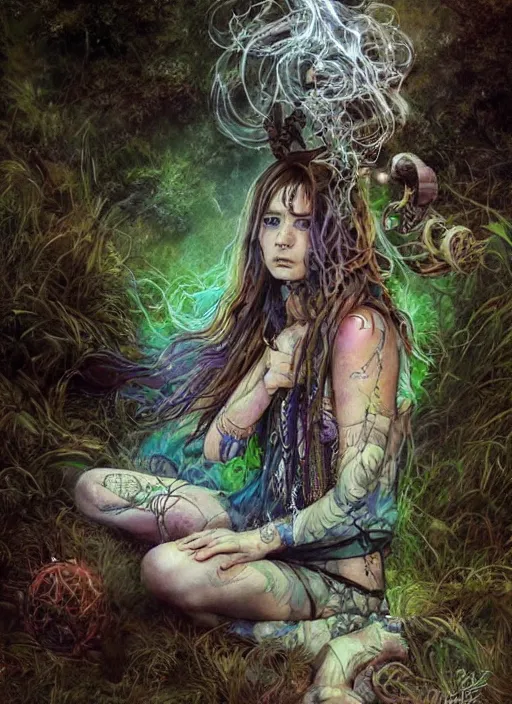 Prompt: portrait, beautiful Stoner hippy girl, sitting in a druid circle, smoking a magical bong, gypsy, watercolor, dramatic lighting, cinematic, establishing shot, extremely high detail, foto realistic, cinematic lighting, pen and ink, intricate line drawings, by Yoshitaka Amano, Ruan Jia, Kentaro Miura, Artgerm, post processed, concept art, artstation, matte painting, style by eddie mendoza, raphael lacoste, alex ross