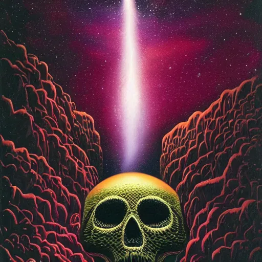 Prompt: ngc 3132 falling waterfall mysterious skull landscape by Casey Weldon, 8k ultra high definition, upscaled, edge of the world, image credit nasa nat geo