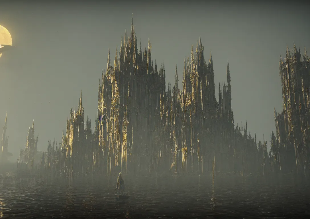 Image similar to the golden spires of the carcosa palace are illuminated by huge black sun, and the lake reflecting yhtill's remnants curled gunsmoke. 8 k, bloodborne cg style, unreal engine 5