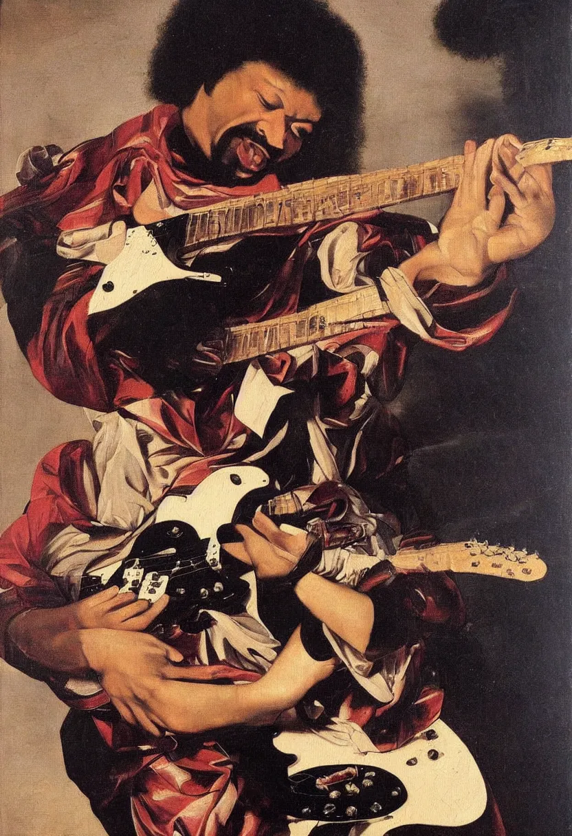 Prompt: Jimy Hendrix playing electric guitar, oil painting by Caravaggio, masterpiece