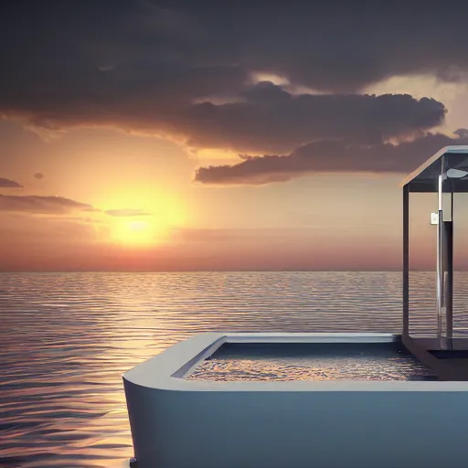 Prompt: a public bathroom floating in the middle of the ocean, sunset, beautiful, ultra realistic digital art, 4k, cgsociety, HDR, Intricate