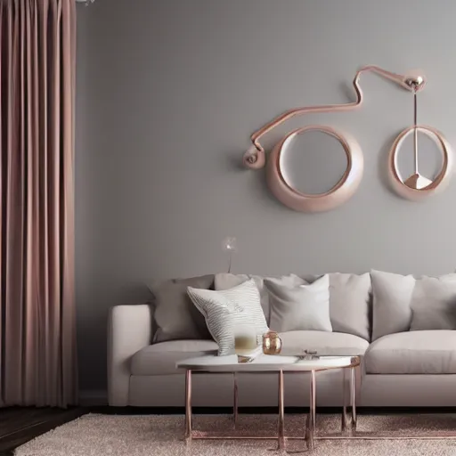 Image similar to 3 d render of white living room with rose gold metallic accents