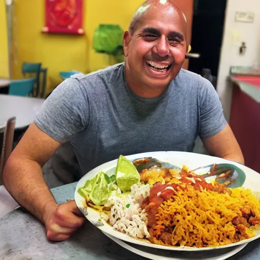 Prompt: a giant plate of indiscriminate mexican food with a smiling man behind it