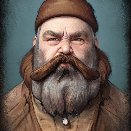 Image similar to 1800 vintage portrait of a grim steampunk dwarf with long brown beard, highly detailed, digital painting, art by Stanley Lau and Artgerm and magali villeneuve and Alphonse Mucha, artstation, octane render, cgsociety