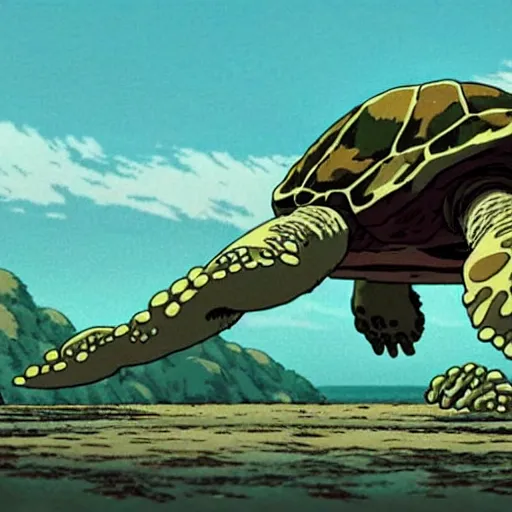 Image similar to a still from princess mononoke ( 1 9 9 7 ) film of a lovecraftian giant mechanized sea turtle, daytime on a baseball field. full body, wide shot, very muted colors, post grunge, studio ghibli, laurie greasley, highly detailed, deviantart, art by artgem