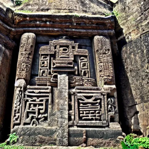 Image similar to an ancient temple, with mysterious symbols carved into the stone, scary, grotesque