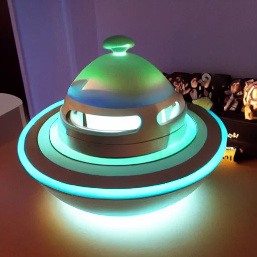 Prompt: ufo sculpture toy on display