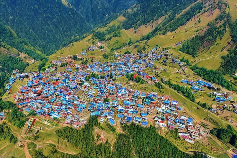 Prompt: Ski resort in nepal, aerial view, promotional ad