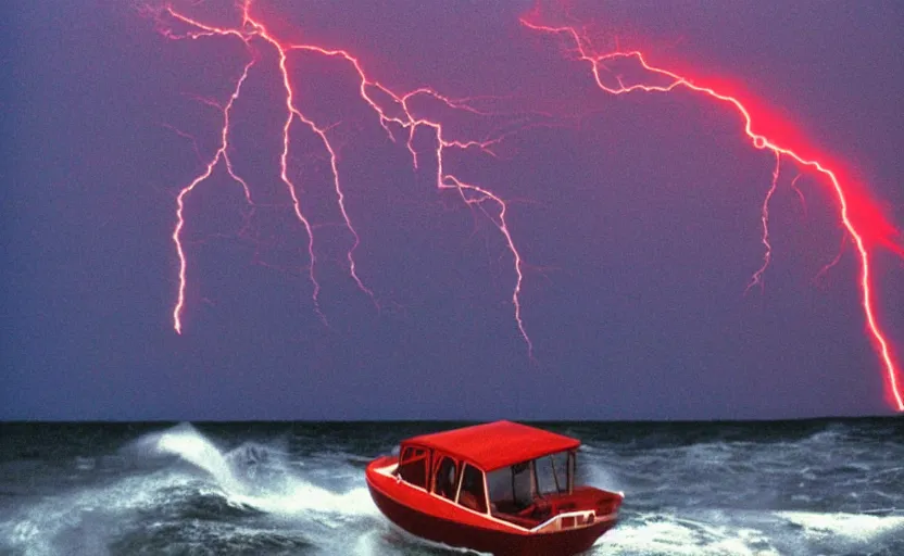 Image similar to small boat caught in a storm, red lightnings, tornado, 1995 photo