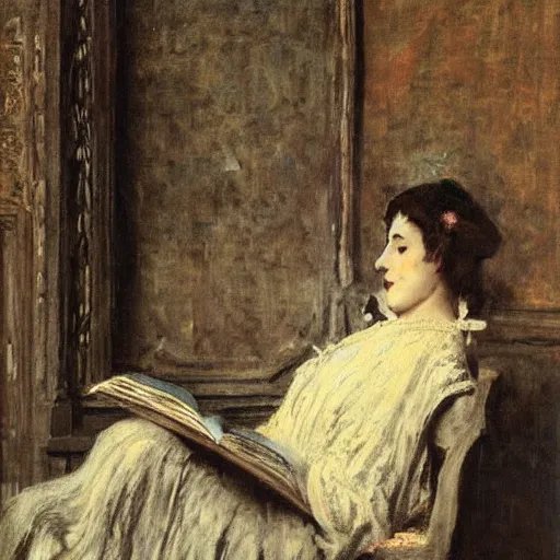 Image similar to woman reading, tentacles coming out of the book by alfred stevens