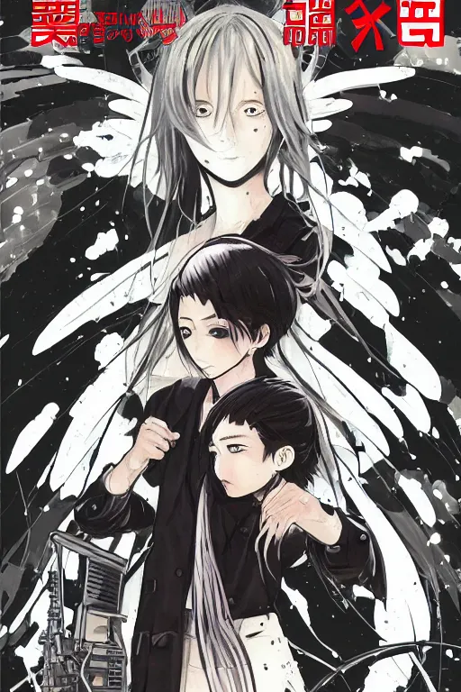 Image similar to professionally drawn seinen mature cyberpunk detective horror action manga comic cover about angels, angels, angels heaven, full color, beautifully drawn coherent professional, drawn by ilya kuvshinov, ilya kuvshinov, satoshi kon and tsutomu nihei. japanese script kanji hiragana on the cover. simplistic minimalist stylized cover art.