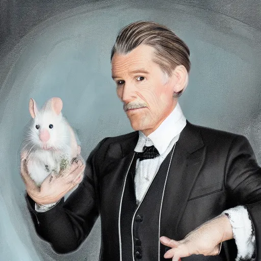 Image similar to photo realistic picture of older fantasy butler that looks similar to michael kane, handsome, 4 k, oil painting filter, balding, well dressed, full body portrait, pet rat on shoulder