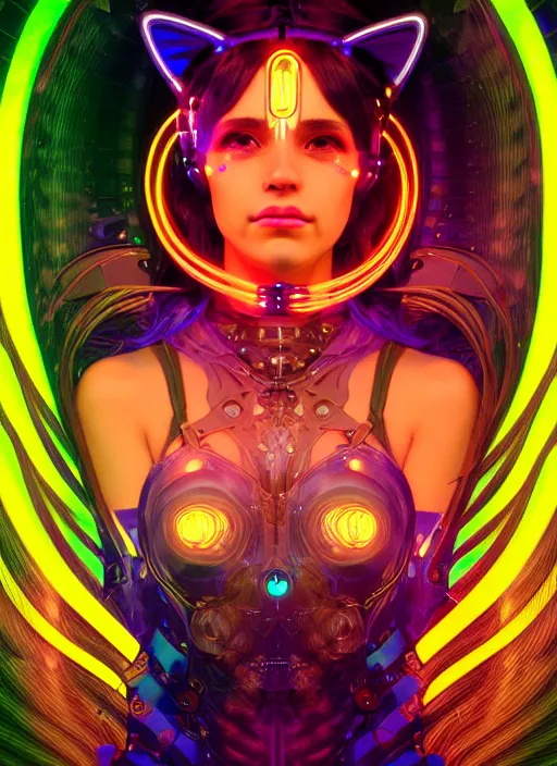 Prompt: glowwave portrait of camila mendez with cat ears as a cyborg sorceress, hyper detailed, digital art, trending in artstation, cinematic lighting, studio quality, octane rendered, in the art style of alphonse mucha and claude monet and gustav klimt