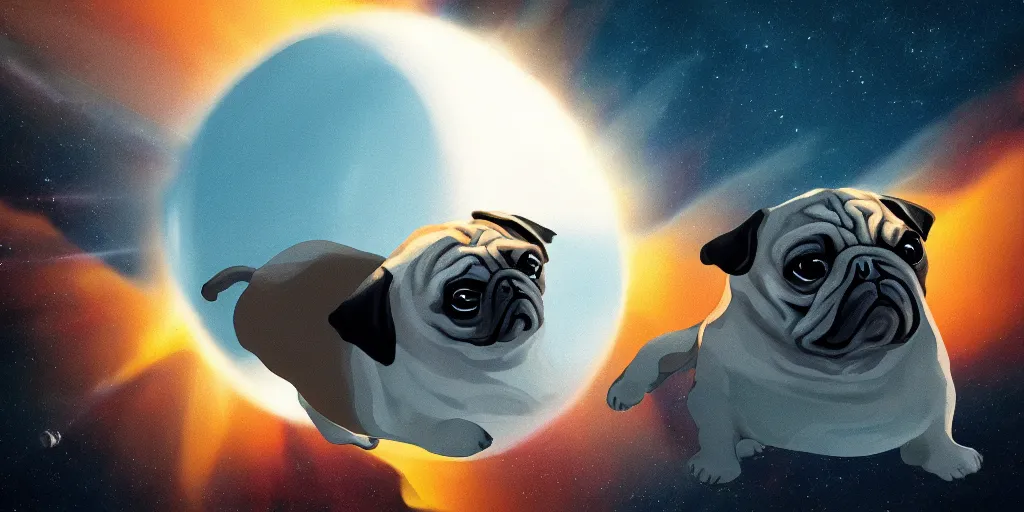 Prompt: fat pug orbiting the sun, still, photograph, trending on artstation, dynamic lighting, cinematic