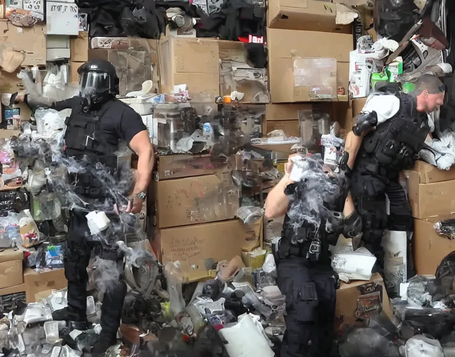 Image similar to Alex Jones in his garage office youtube studio fighting SWAT police, surrounded by boxes of herbal supplements and trash, a group of SWAT police, tear gas and smoke, detailed photograph high quality