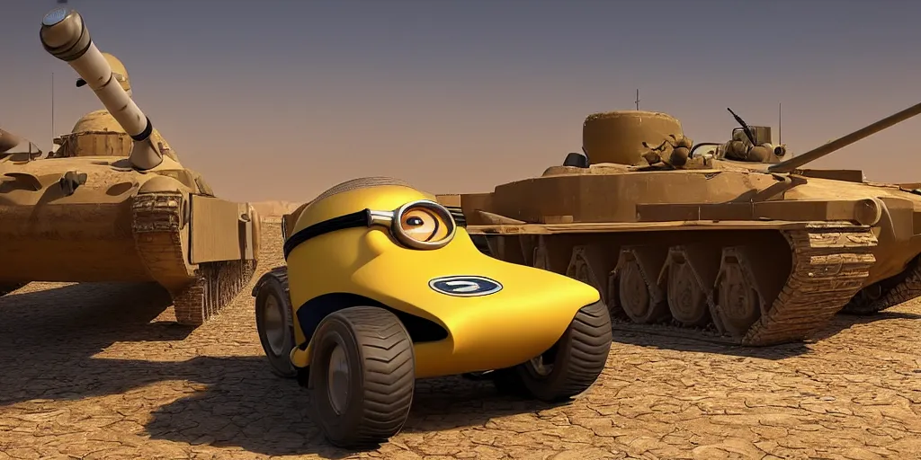 Image similar to a minion sitting on a tank in the desert, gulf war, afghanistan, middle east, award winning photo, angular, unreal engine 5 highly rendered, global illumination, detailed and intricate