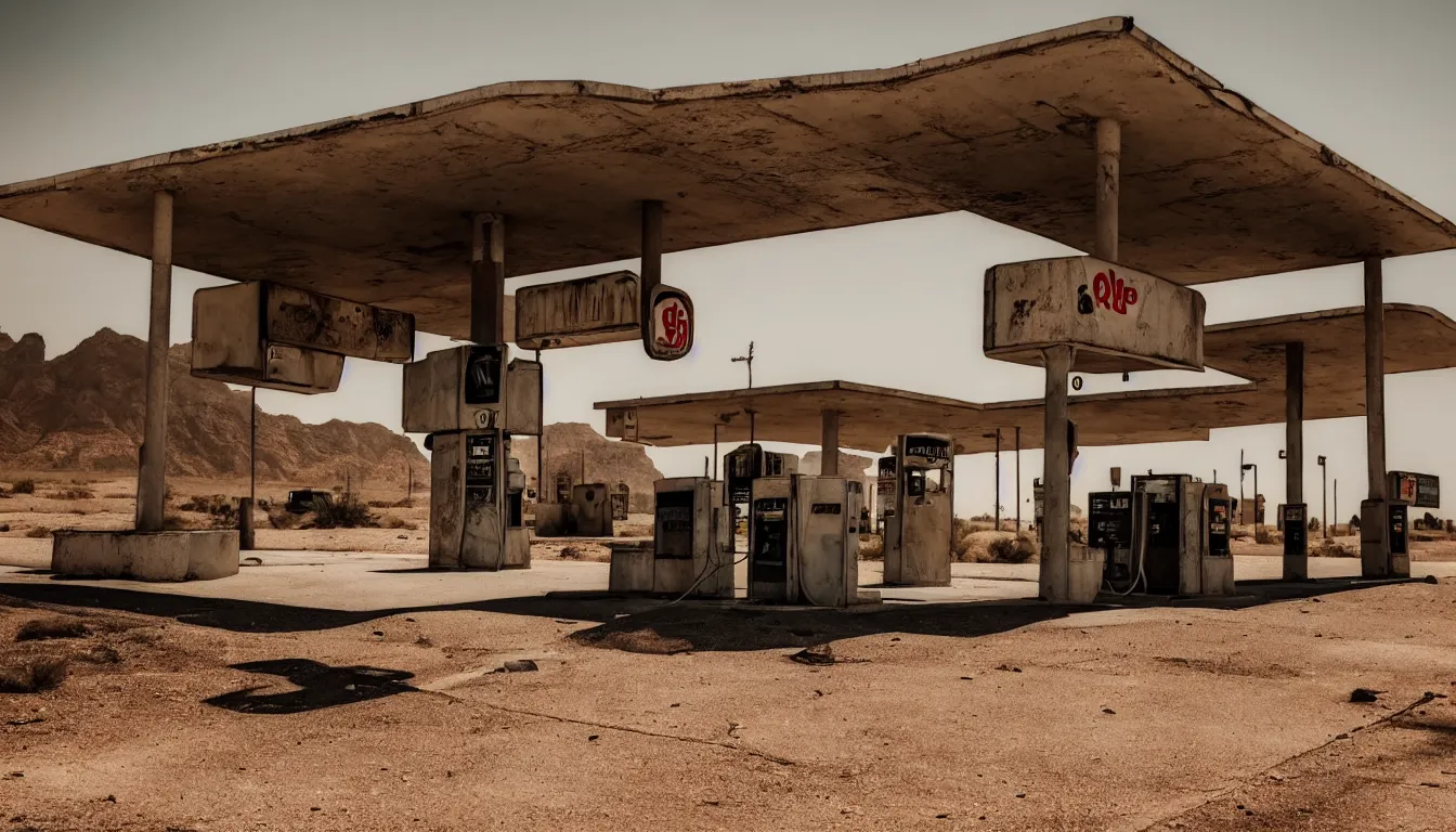 Image similar to abandoned gas station in middle of desert, ambient, futuristic, glowing, very detailed, colourfull, 4 k