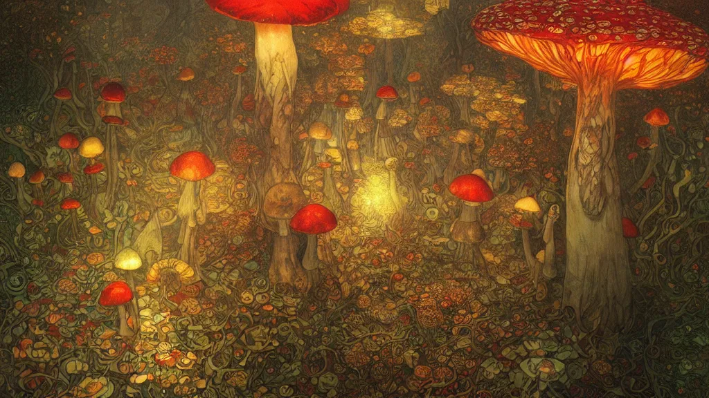 Prompt: vintage magic mushroom illustration, 4k post-processing highly detailed by wlop, Junji Murakami, Mucha Klimt, Sharandula, Hiroshi Yoshida, Artgerm, Craig Mullins,dramatic, moody cinematic lighting