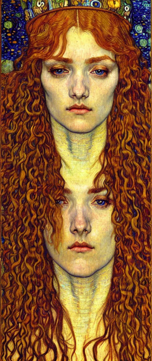 Image similar to detailed realistic beautiful young medieval queen face portrait by jean delville, gustav klimt and vincent van gogh, art nouveau, symbolist, visionary, gothic, pre - raphaelite, muted earthy colors, desaturated