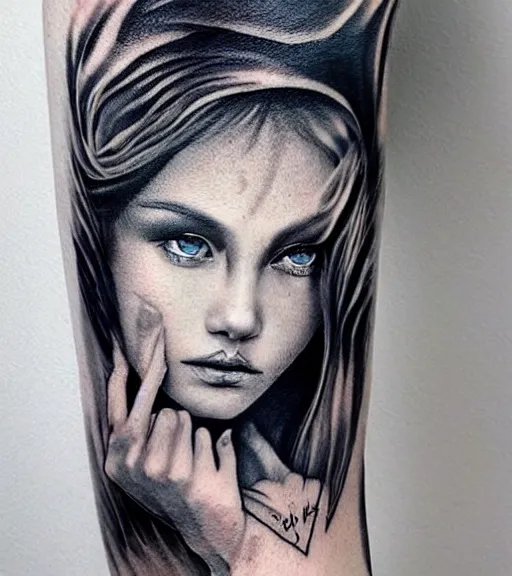 Image similar to tattoo design sketch of a beautiful blue - eyed woman face with a faded background of beautiful mountains and nature on her side, hyper - realistic, in the style of den yakovlev, amazing detail, black and white