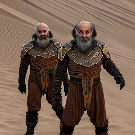 Image similar to the dwarves in futuristic costumes from the Dune movie by Denis Villeneuve, highly detailed photorealistic cinematic photoshot, high quality light postprocessing