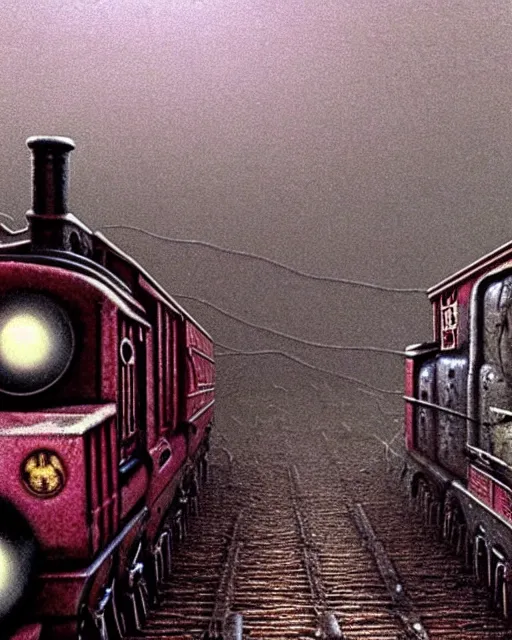 Prompt: still frame from thomas and friends by giger, 😡 mad train model by wayne barlowe, eldrich see thomas train by beksinski, grandiose demonic train with locomotive and endless wagons, steam _ locomotive