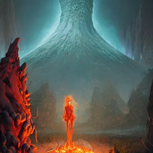 Image similar to illustrated portrait vogue designer Master Chief Sacrificing the Elves to a Volcano Volcano God Volvo Altar made of pinecones and fire kenny scharf giorgio de chirico marc simonetti greg rutkowski james gilleard anton semenov