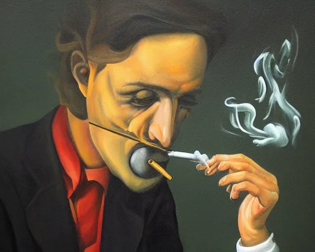 Image similar to a surreal painting of man smoking a joint