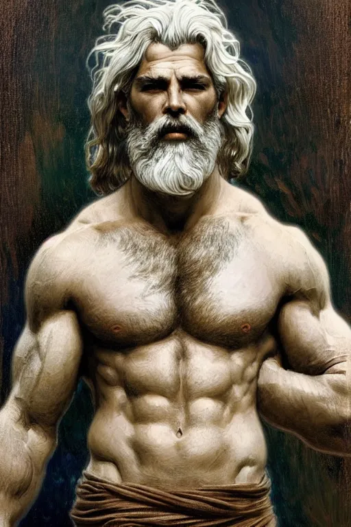 Image similar to painted portrait of rugged zeus, god of thunder, greek god, white hair, masculine, mature, handsome, upper body, muscular, hairy torso, fantasy, intricate, elegant, highly detailed, digital painting, artstation, concept art, smooth, sharp focus, illustration, art by gaston bussiere and alphonse mucha