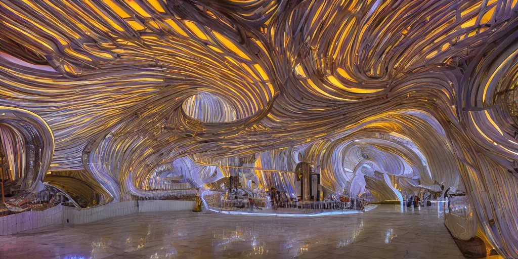 Prompt: extremely detailed stunning beautiful futuristic smooth curvilinear museum interior, colorful, hyper real, 8k, 3D cinematic volumetric light