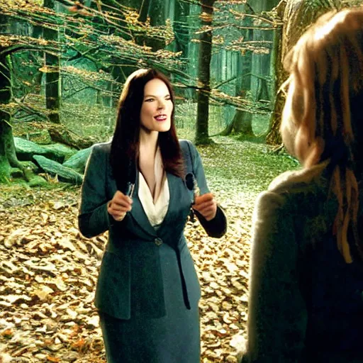 Image similar to stunning live footage of news anchorwoman liv tyler reporting from lothlorien interviewing arwen, lord of the rings movie, by daniella zalcman, directed by peter jackson, highly detailed, canon eos r 3, f / 1. 4, iso 2 0 0, 1 / 1 6 0 s, 8 k, raw, symmetrical balance