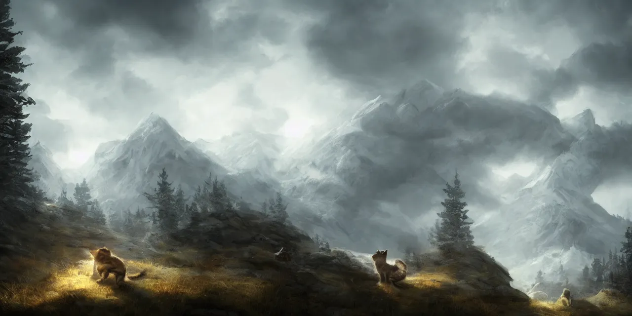 Prompt: portrait of cute cat soldiers traveling in tundra between pine trees underneath big mountains with giant clouds, digital painting by rembrandt, volumetric lighting, concept art, d & d, artstation, epic 8 k