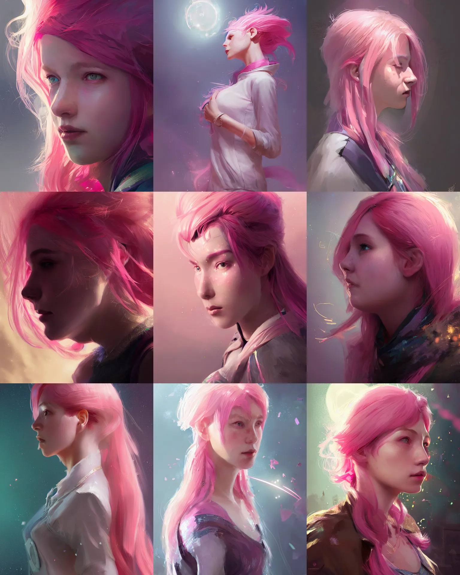 Prompt: portrait of an innocent lost woman with pink hair, magic uniform, fantasy, intricate, sharp focus, lens flare, bloom, rim light, illustration, highly detailed, digital painting, concept art, matte, art by ruan jia. side view