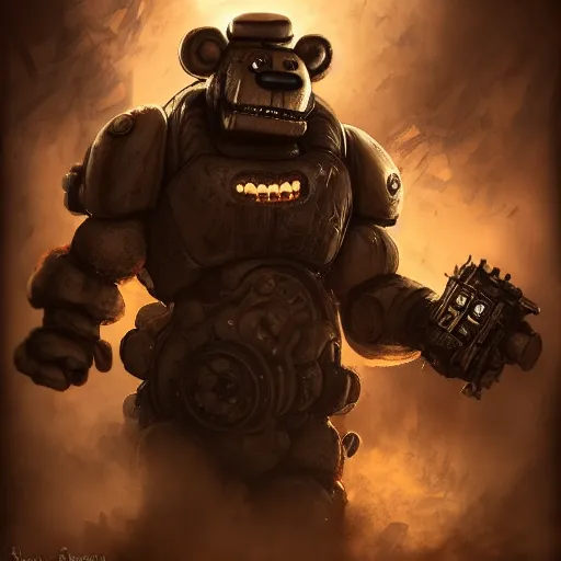 Prompt: Scary anthropomorphic Freddy (Five Nights at Freddy's) in Gears of War cover art, ultra wide lens shot, pretty, beautiful, DnD character art portrait, matte fantasy painting, eerie, DeviantArt Artstation, by Jason Felix by Steve Argyle by Tyler Jacobson by Peter Mohrbacher, cinematic lighting