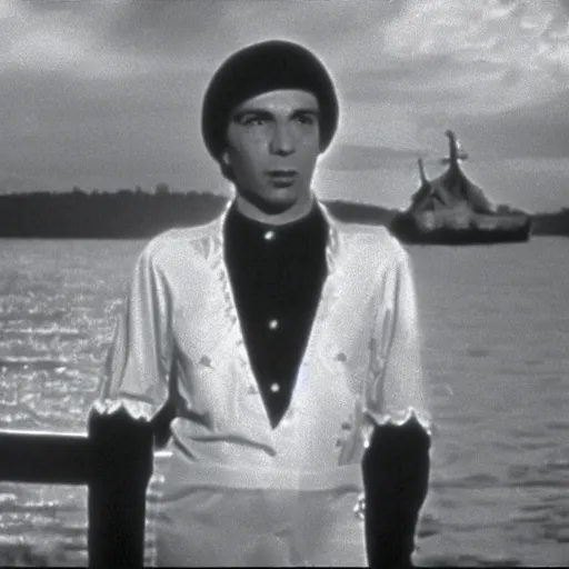 Image similar to Krzysztof Krawczyk in a still from a Polish black and white comedy movie The Cruise (1970), wide shot, 4k