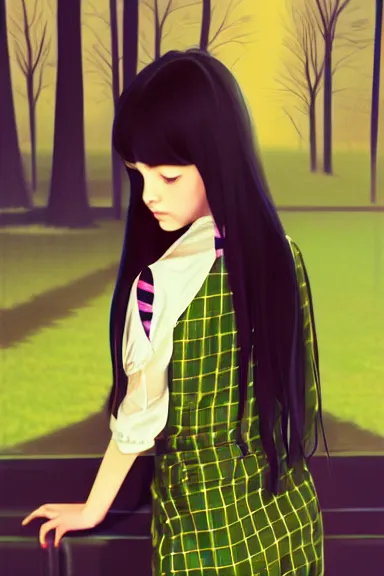 Image similar to mysterious girl child with her long black hair dressed in a chequered robe anime art style, big green diamond on her hand, digital art by ilya kuvshinov, inspired by balthus, hd, 4 k, hyper detailed