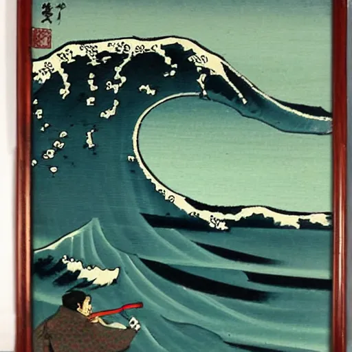 Prompt: guy smoking from glass Japanese style painting on wood big wave style high details