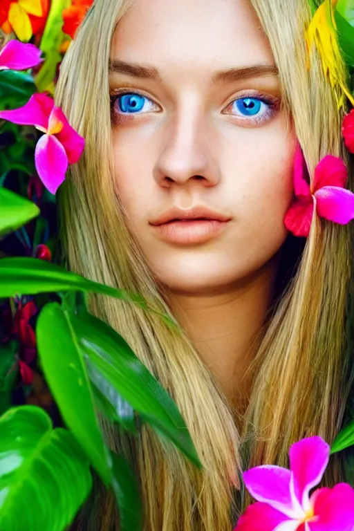Image similar to an attractive girl is surrounded by colourful tropical flowers and plants, symmetric face and eyes, upper body face shot, long straight blonde hair, visible face