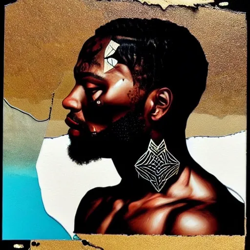 Image similar to side profile of a black man :: in ocean intricate details :: gold :: dark and horror :: by vikings and Sandra Chevrier