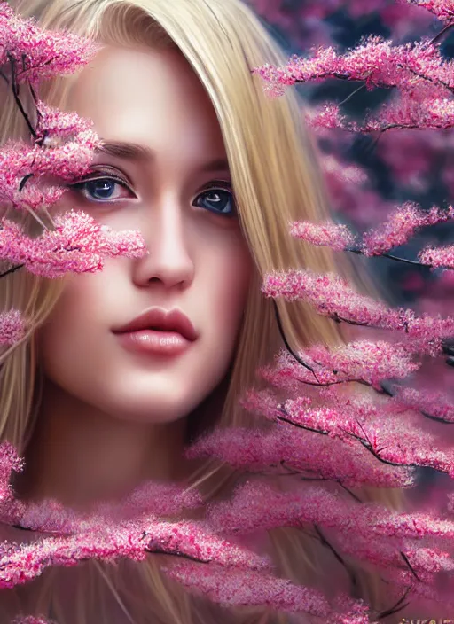 Image similar to photo of a gorgeous blonde female in the style of stefan kostic, realistic, half body shot, sharp focus, 8 k high definition, insanely detailed, intricate, elegant, art by stanley lau and artgerm, extreme blur cherry blossoms background