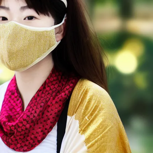 Image similar to japanese female balaclava face mask with golden necklace and kimono, photo portrait, beautiful female model
